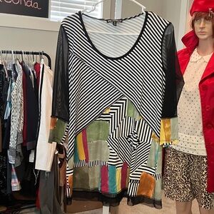 Picadilly Fashion Black and White Striped Blouse with Multicolor Accents